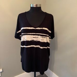 Deep V Loose Stretch Black & White Stripe Tee